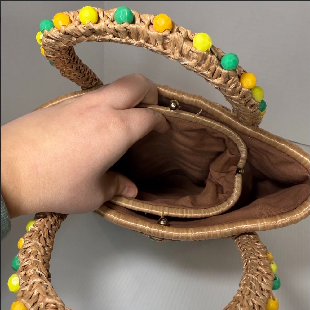 Vintage Macrame Handbag Straw Multicolor Beaded Purse Unique Made In Japan NIB - Picture 6 of 8